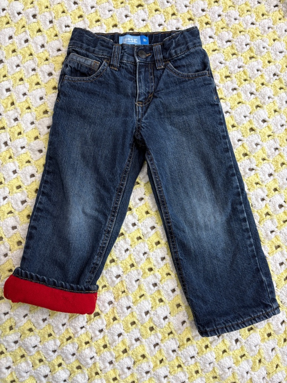 Old Navy Loose Collection Dark Blue Denim Red Fleece Lining Jeans Kids Boys 3T !